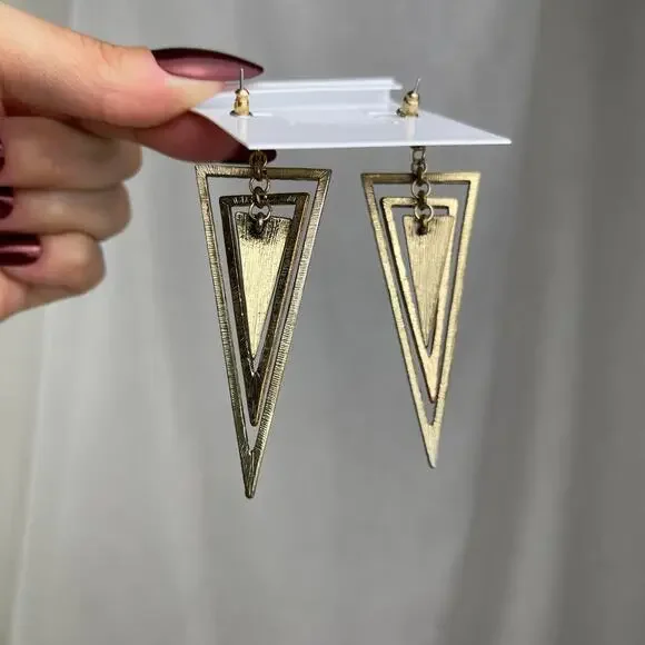 Gold Tone Tiered Triangle Cairo Dangle Earrings Black Geo Geometric Boho Jewelry - Picture 7 of 16